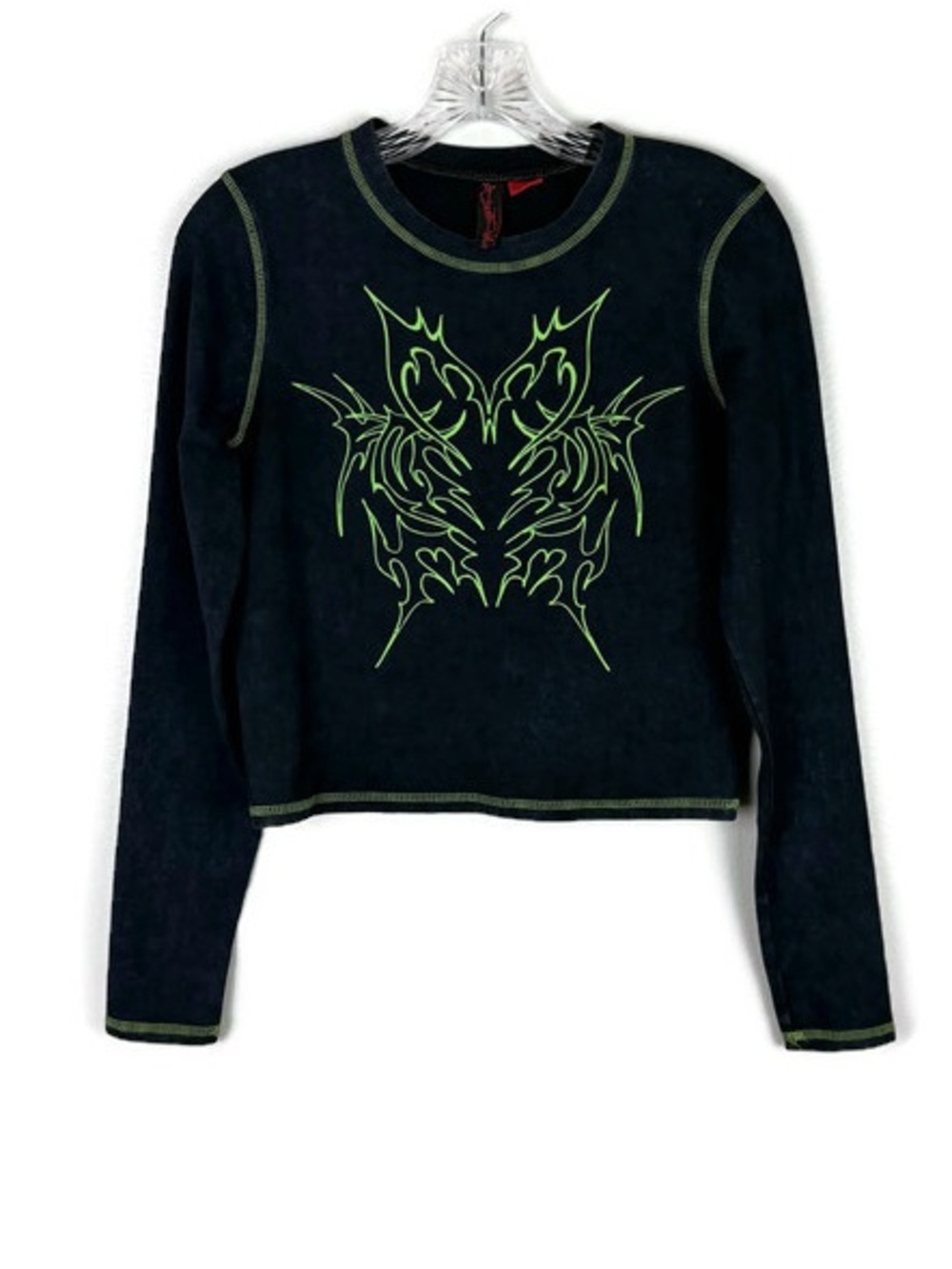 Vitriol Emo Goth Metal Text Long Sleeve Crop Top in Graphite Gray/Green
